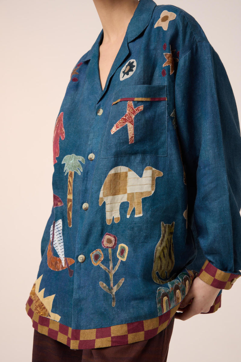 UNISEX OVERSIZED SHIRT-DARK BLUE JUNGLE APPLIQUE linen by CORD for women in Singapore