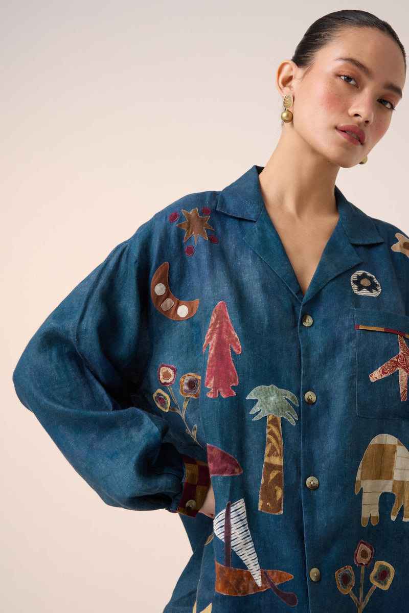 UNISEX OVERSIZED SHIRT-DARK BLUE JUNGLE APPLIQUE linen by CORD for women in Singapore