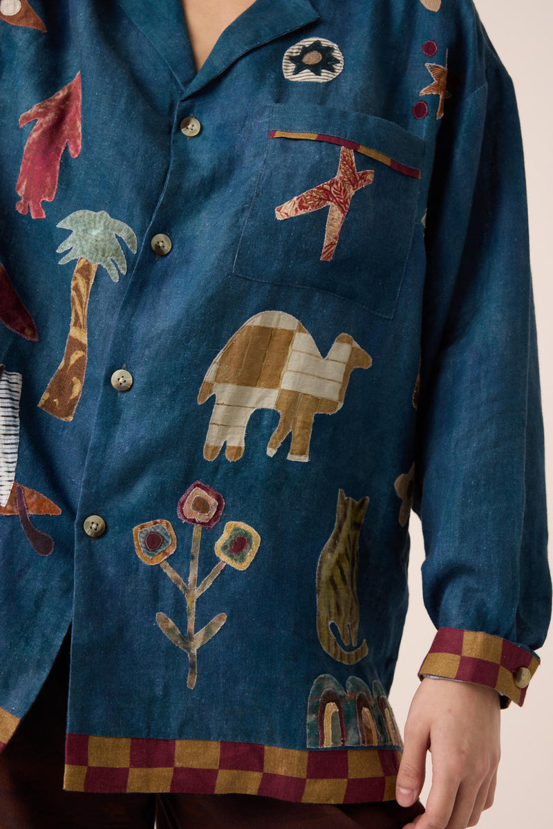 UNISEX OVERSIZED SHIRT-DARK BLUE JUNGLE APPLIQUE linen by CORD for women in Singapore