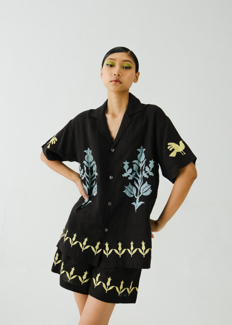 Unisex Shirt-Black Bird Applique linen by CORD for women in Singapore