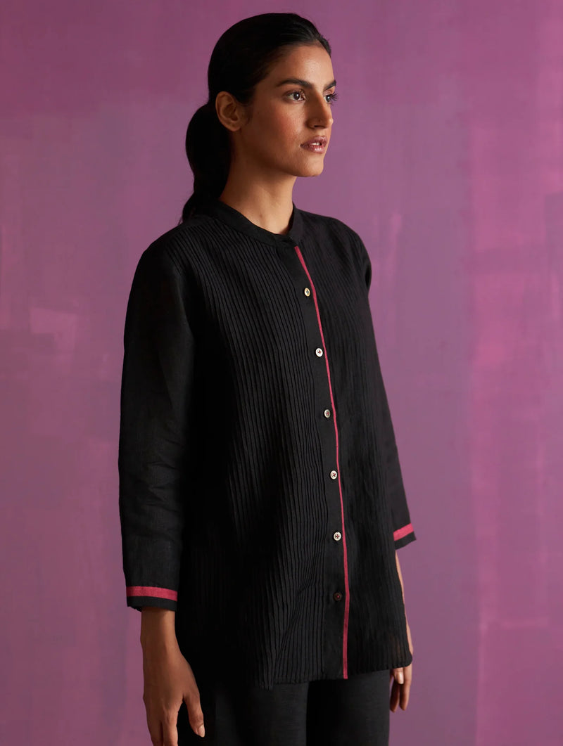 Mio Pintuck Shirt Linen - Black linen by Manan in black color for women in Singapore