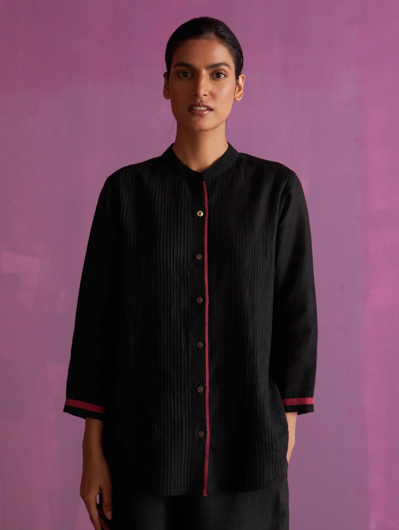 Mio Pintuck Shirt Linen - Black linen by Manan in black color for women in Singapore