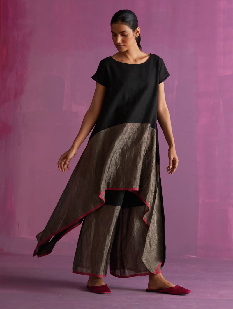 Shirin Asymmetrical Linen Co-ord Set - Black linen by Manan in black color for women in Singapore
