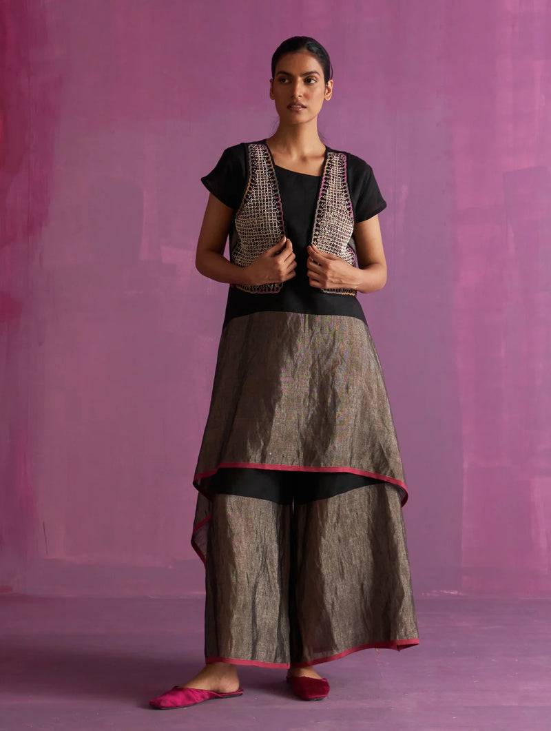 Kasa Co-ord Set with Jacket - Black linen by Manan in black color for women in Singapore