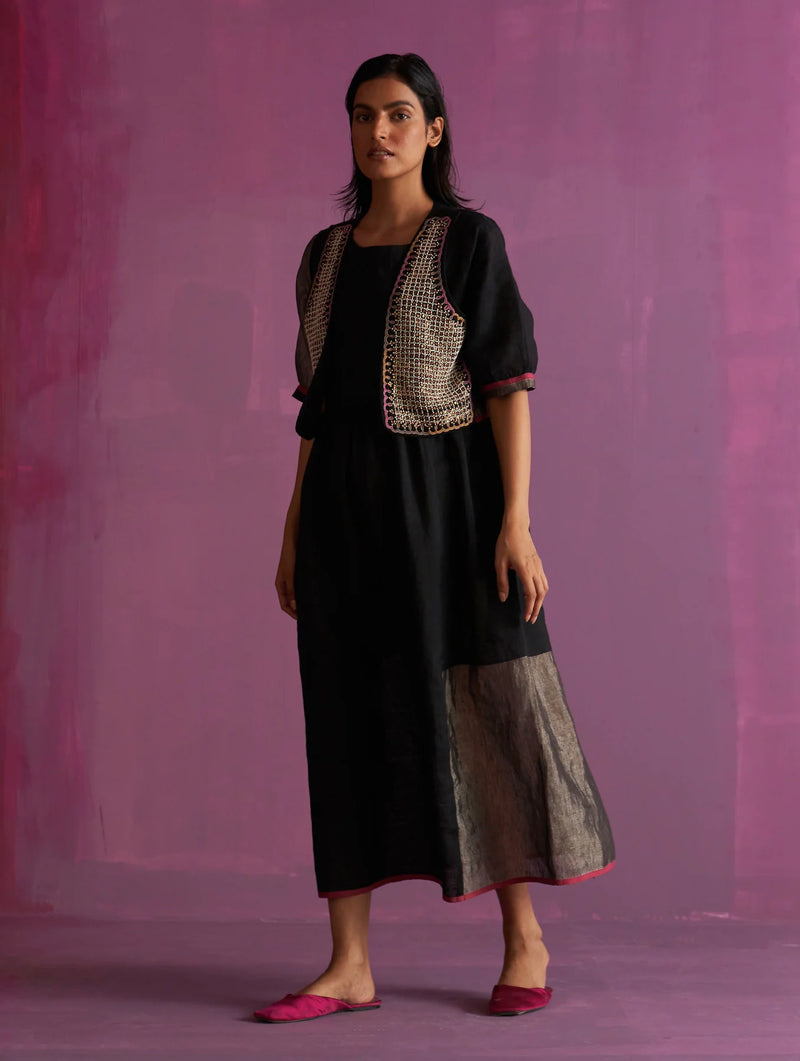 Kiri Linen Dress with Jacket - Black linen by Manan in black color for women in Singapore