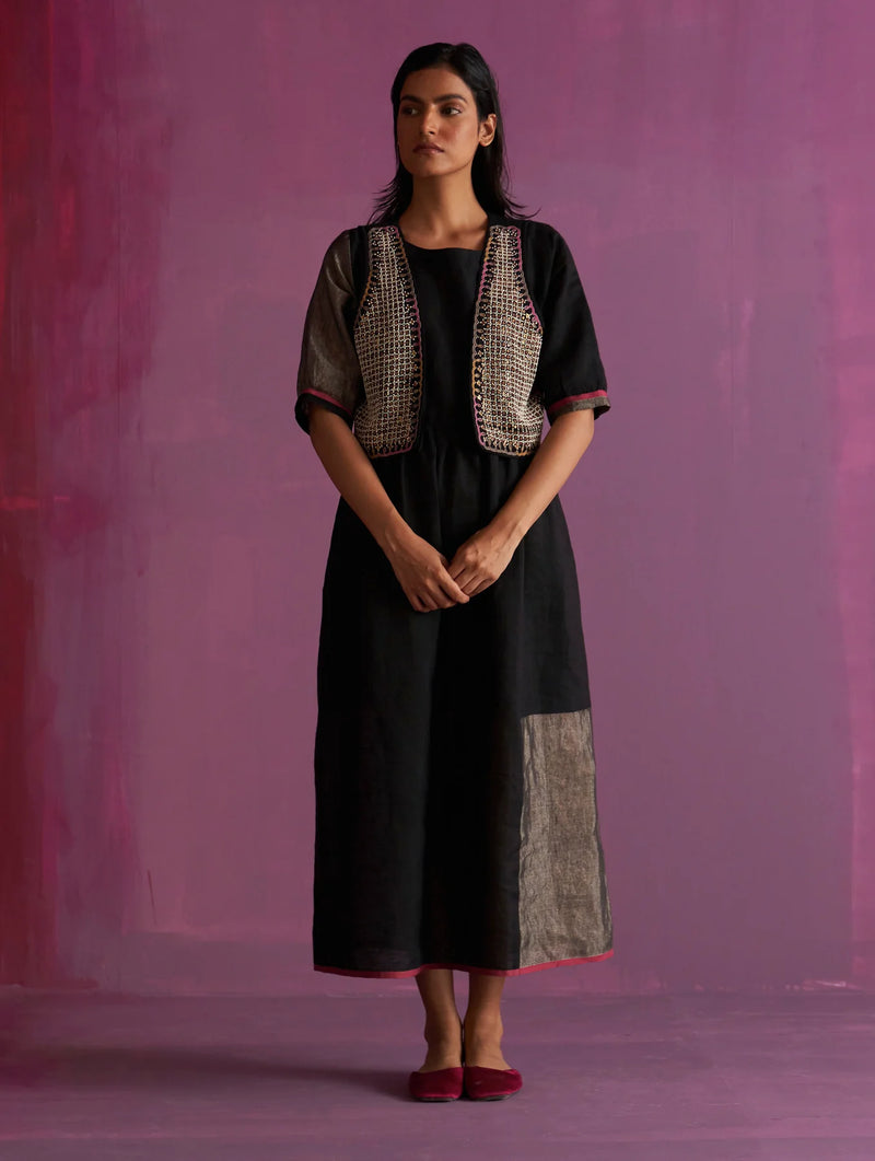 Kiri Linen Dress with Jacket - Black linen by Manan in black color for women in Singapore