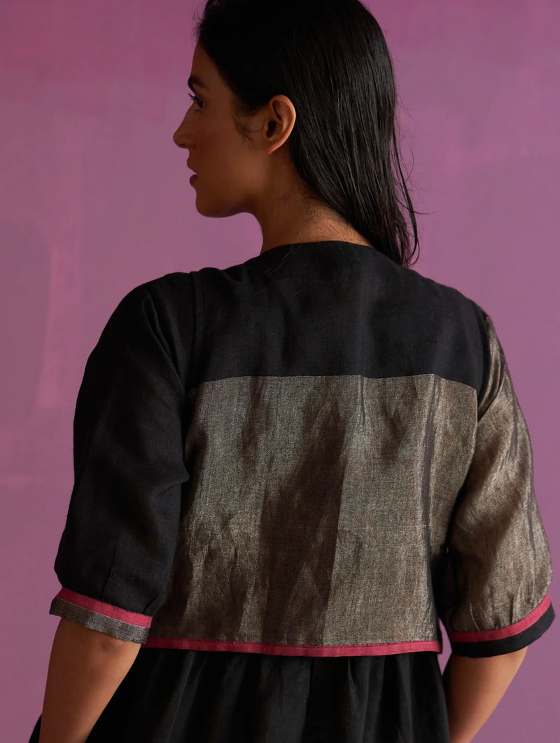 Kasa Hand-Embroidered Jacket - Black linen by Manan in black color for women in Singapore