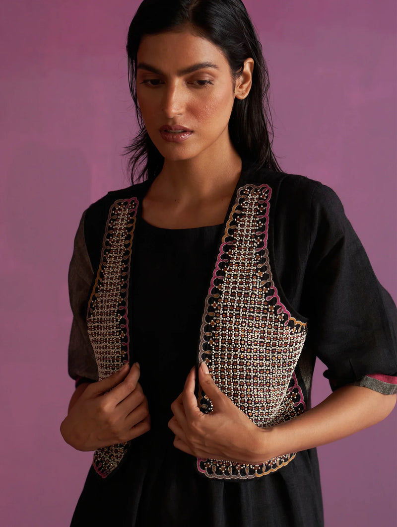 Kiri Linen Dress with Jacket - Black linen by Manan in black color for women in Singapore