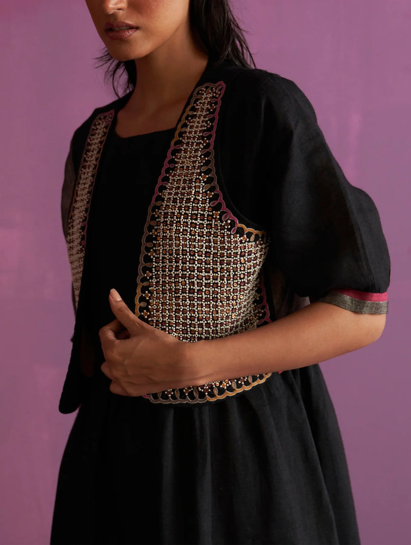 Kasa Hand-Embroidered Jacket - Black linen by Manan in black color for women in Singapore