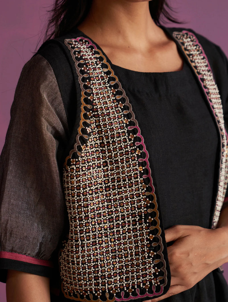 Kiri Linen Dress with Jacket - Black linen by Manan in black color for women in Singapore