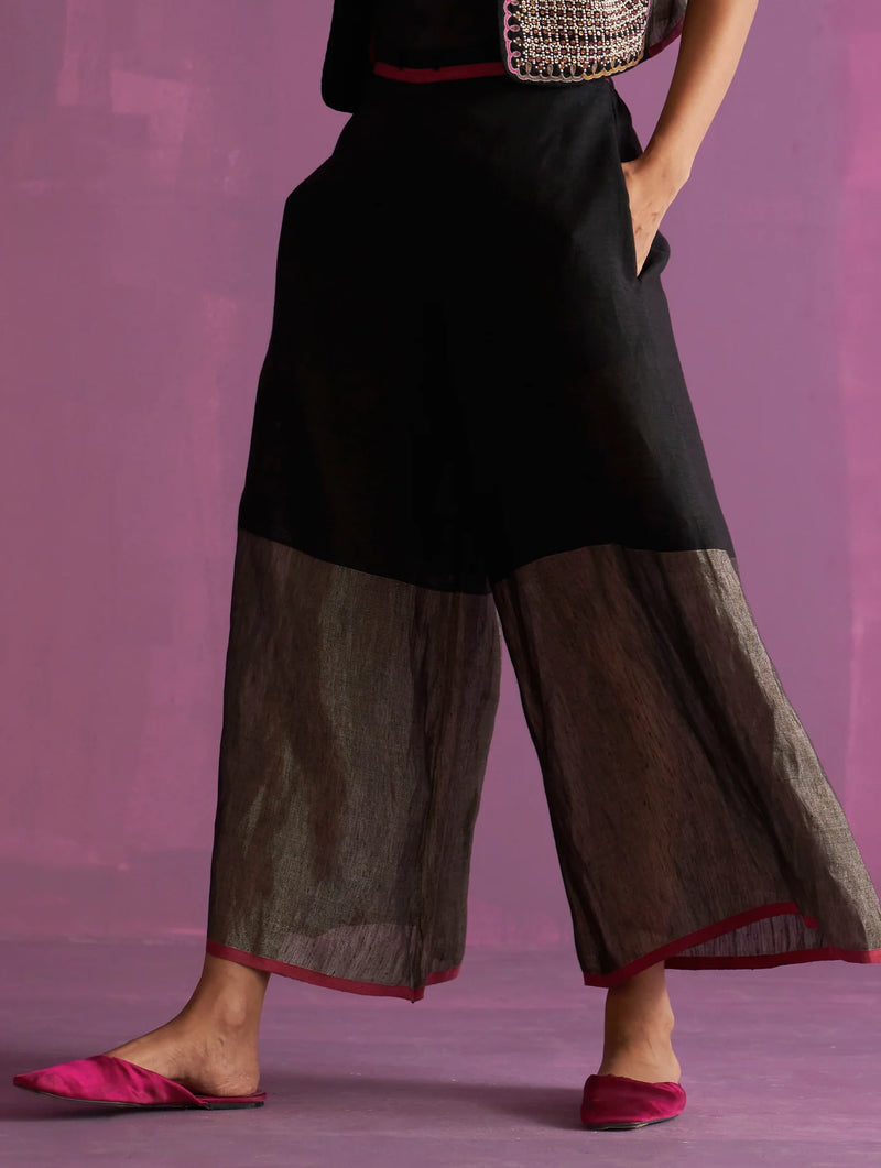 Nivi Metallic Pant - Black linen by Manan in black color for women in Singapore