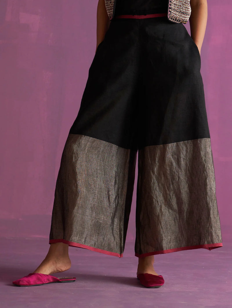 Nivi Metallic Pant - Black linen by Manan in black color for women in Singapore