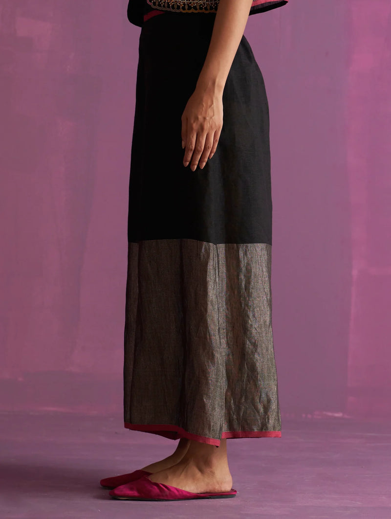 Nivi Metallic Pant - Black linen by Manan in black color for women in Singapore