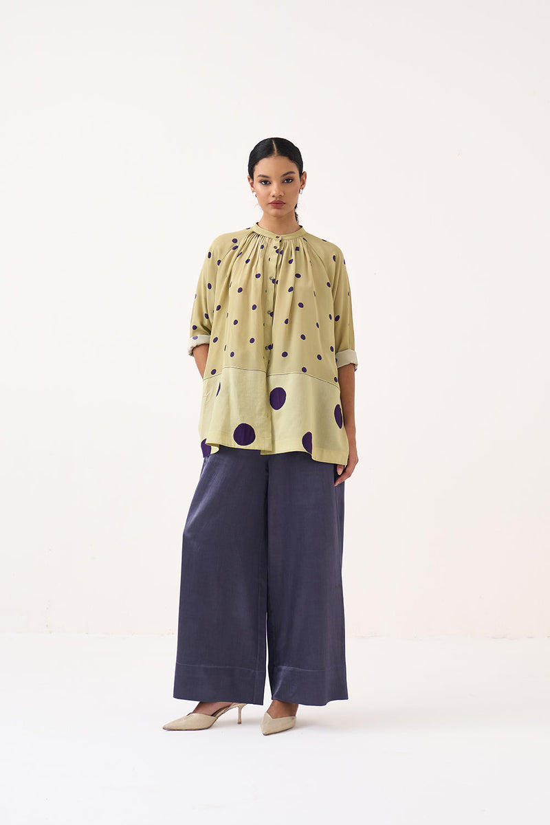 Polka Peasant Top-Soft Moss   crepe top/shirt by THREE in soft moss for women in Singapore