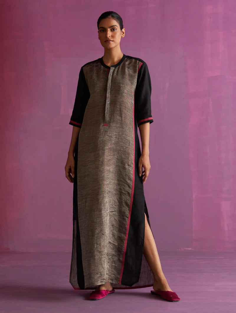 Faiza Metallic Linen Dress - Black linen by Manan in black color for women in Singapore