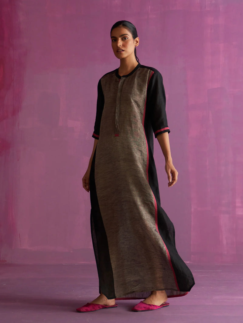 Faiza Metallic Linen Dress - Black linen by Manan in black color for women in Singapore