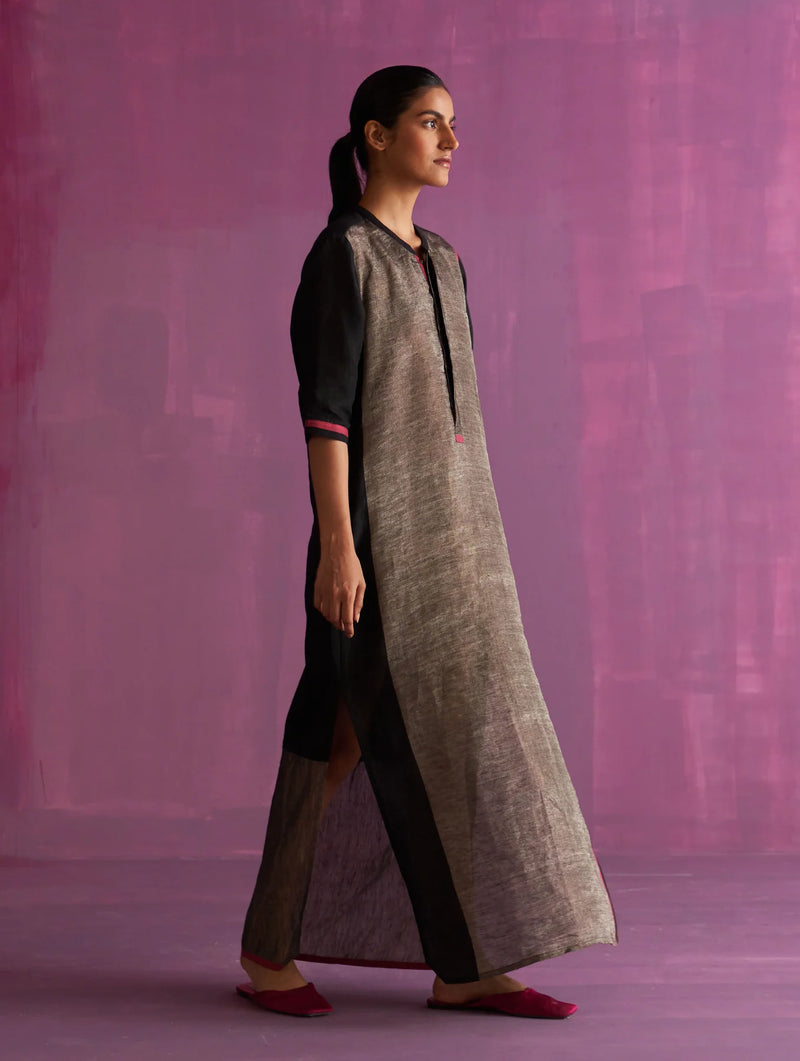 Faiza Metallic Linen Dress - Black linen by Manan in black color for women in Singapore
