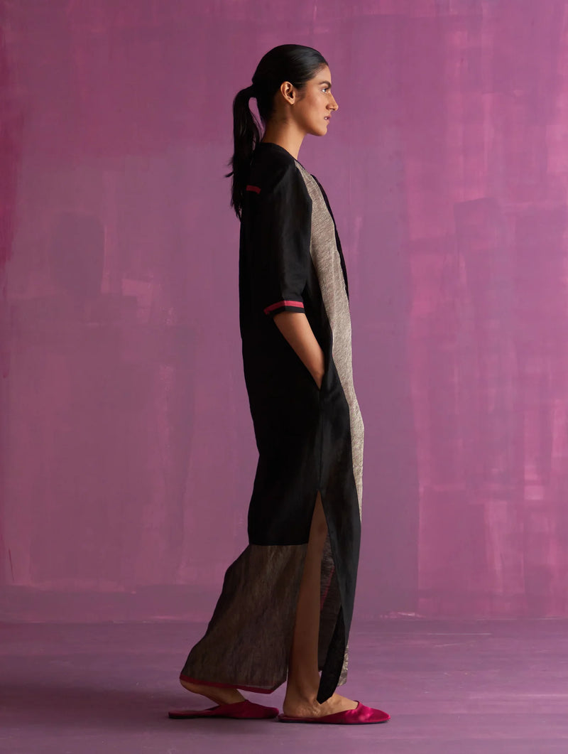 Faiza Metallic Linen Dress - Black linen by Manan in black color for women in Singapore