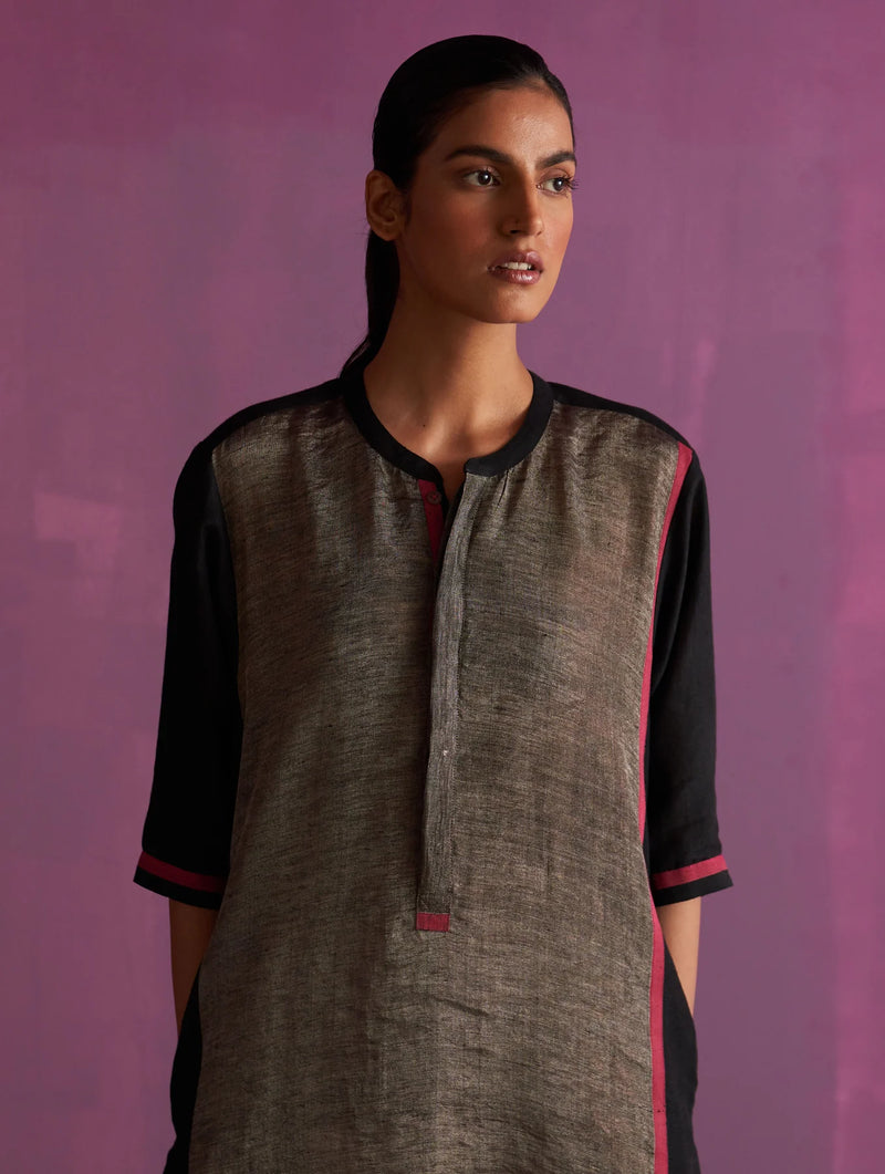 Faiza Metallic Linen Dress - Black linen by Manan in black color for women in Singapore