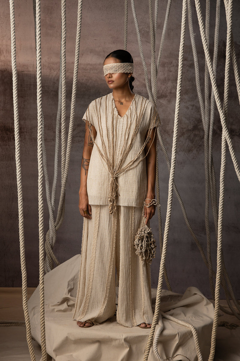 Ivory Crushed Cotton Net Trousers crushed cotton pant/trouser by Kritika Murarka in ivory for women in Singapore