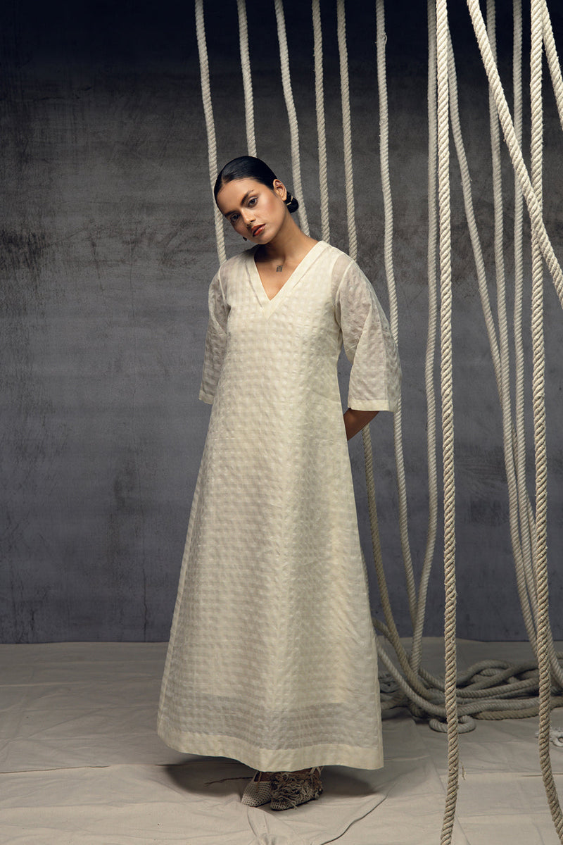 Ivory Khadi Silk Checkered Dress khadi silk dress by Kritika Murarka in ivory for women in Singapore