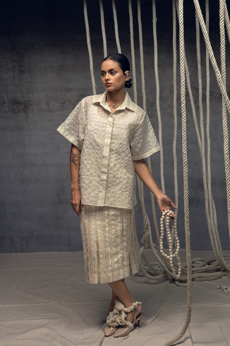 Ivorykhadi Silk Checkered Shirt khadi silk top/shirt by Kritika Murarka in ivory for women in Singapore