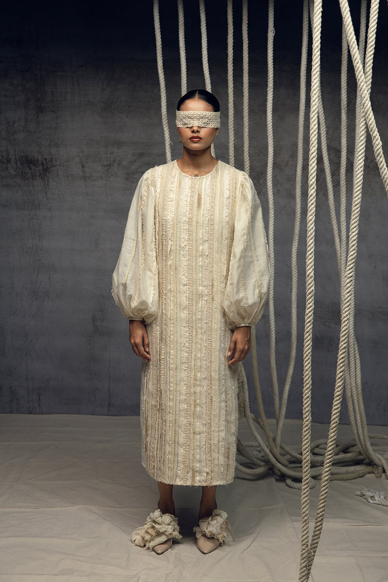 Ivory Khadi Silk Fringing Column Dress khadi silk dress by Kritika Murarka in ivory for women in Singapore