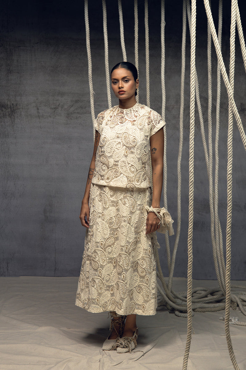Ivory Paisley Lace Embroidered Top indian cotton lace top/shirt by Kritika Murarka in ivory for women in Singapore