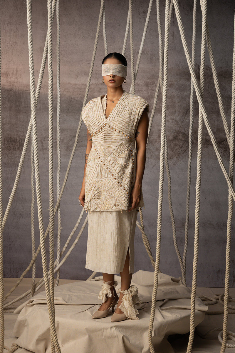 Ivory Crushed Pencil Skirt crushed cotton skirt by Kritika Murarka in ivory for women in Singapore