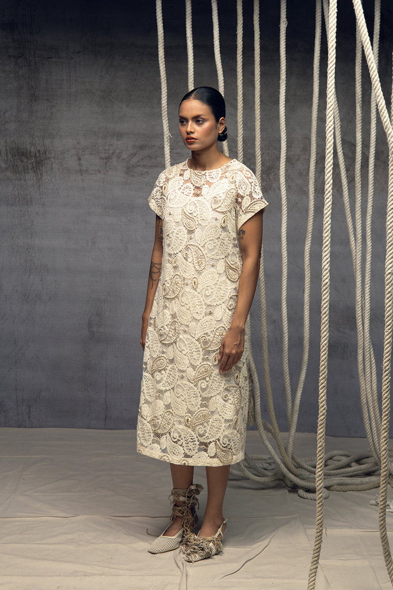 Ivory Paisley Lace Embroidered Midi indian cotton lace dress by Kritika Murarka in ivory for women in Singapore