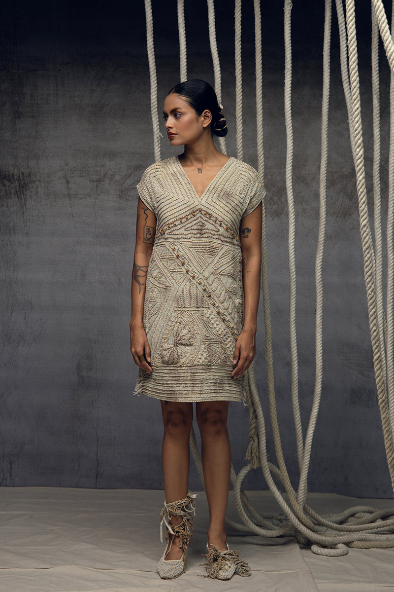 Ivory Crushed Embroidered Short Dress crushed cotton dress by Kritika Murarka in ivory for women in Singapore