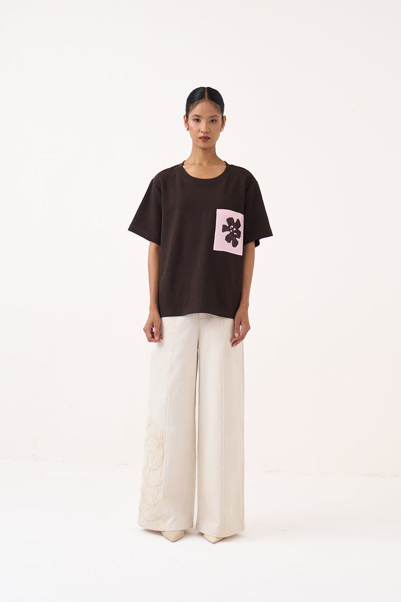 Emb. Patch Pocket T-Shirt-T-Cocoa Brown  cotton jersey top/shirt by THREE in dark brown for women in Singapore