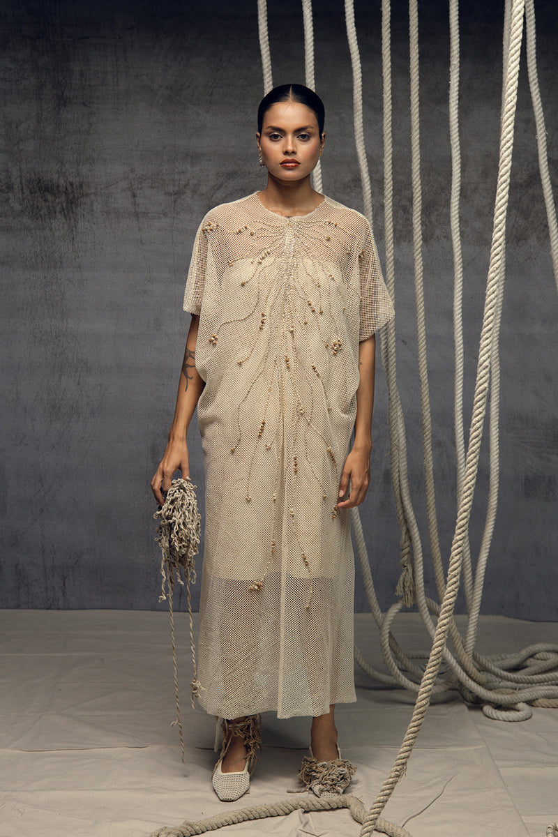 Open Mesh Embroidered Kaftaan cotton open mesh kaftan by Kritika Murarka in ivory for women in Singapore