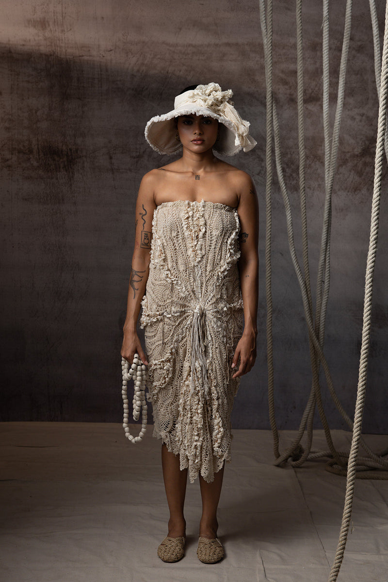 Ivory Crochet Tube Dress hand crochet dress by Kritika Murarka in ivory for women in Singapore