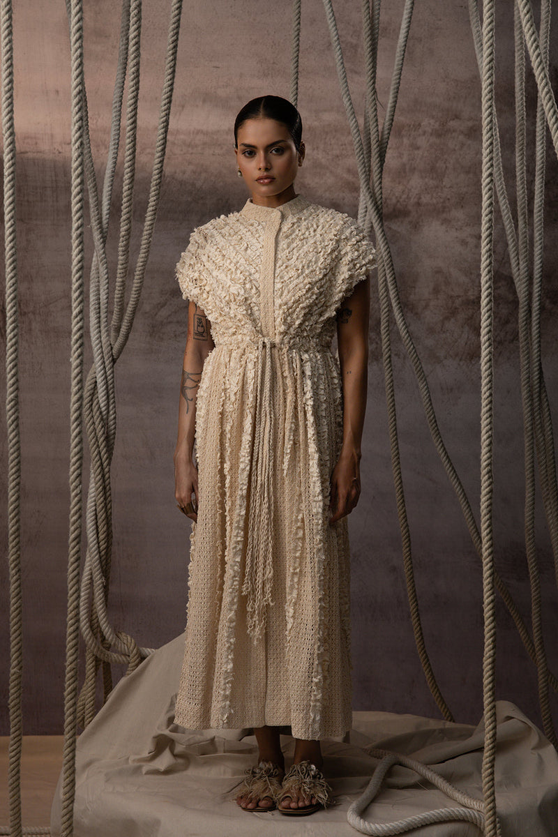 Ivory Lace Ruched Cotton Net Drawstring Dress signature cotton net dress by Kritika Murarka in ivory for women in Singapore