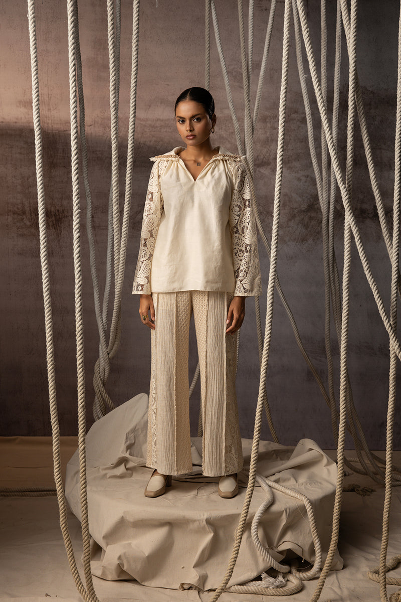 Ivory Khadi Silk Lace Hand Beaded Top