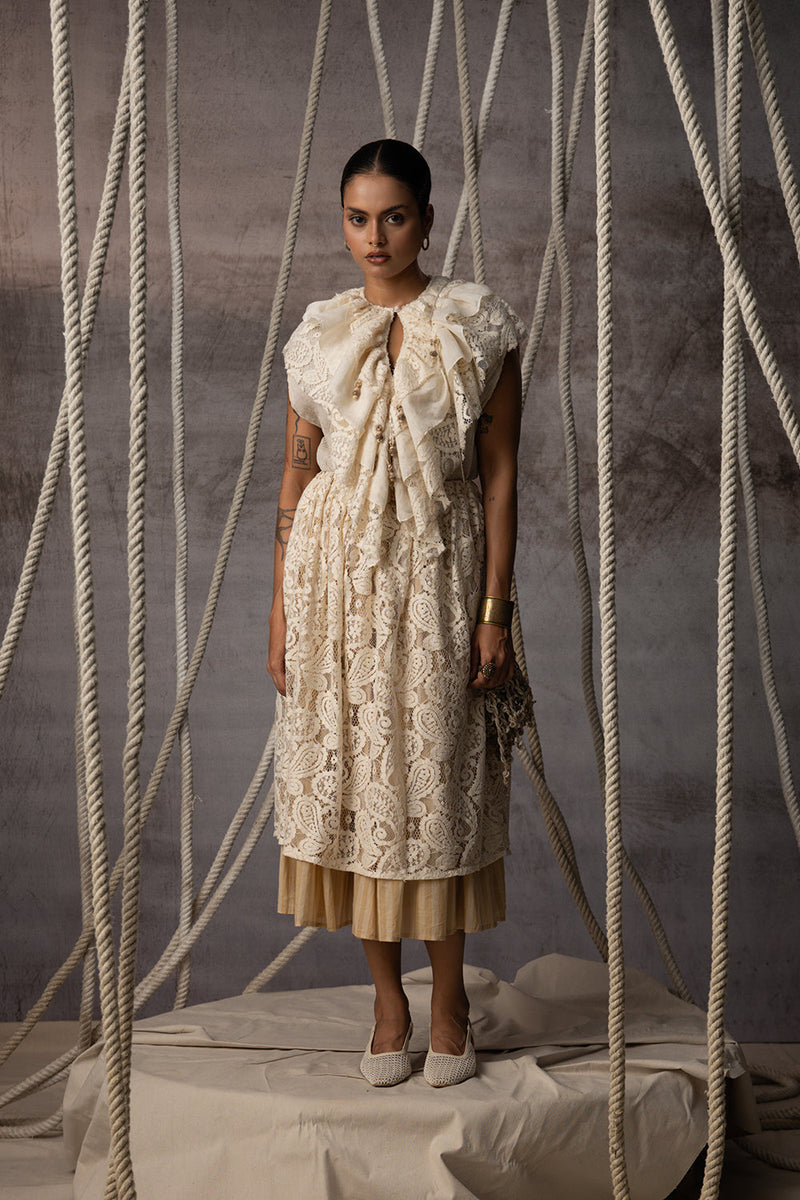Ivory Lace Overlay Stripe Skirt indian cotton lace skirt by Kritika Murarka in ivory for women in Singapore