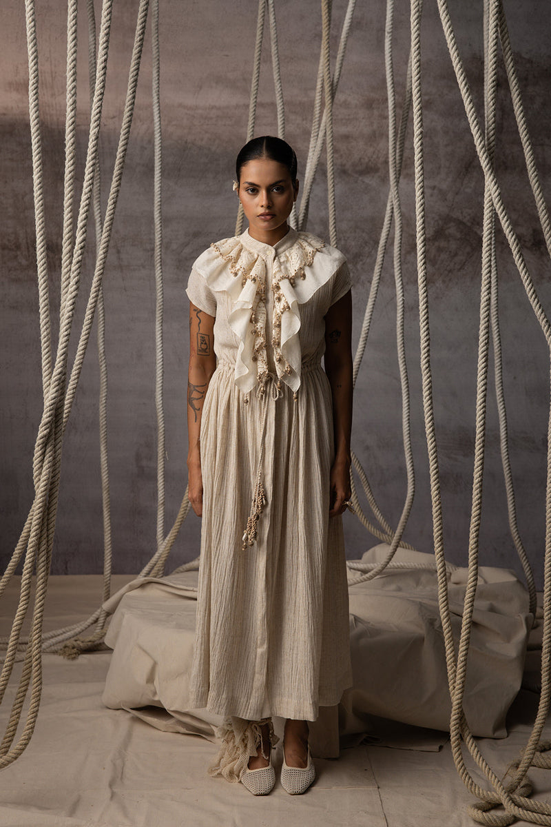 Ivory Flounce Crushed Drawstring Dress crushed cotton dress by Kritika Murarka in ivory for women in Singapore
