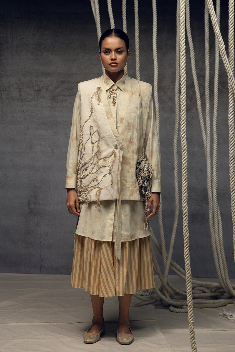 Khadi Jute Embroidered Kimono Jacket silk khadi jacket/overlay by Kritika Murarka in ivory for women in Singapore
