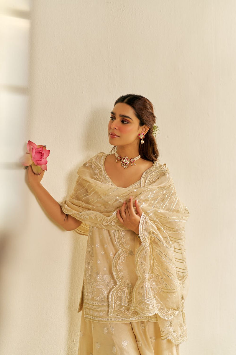 Sameeha - Short Kurta With Sharara And Dupatta-Beige silk by SHEETAL BATRA in beige color for women in Singapore