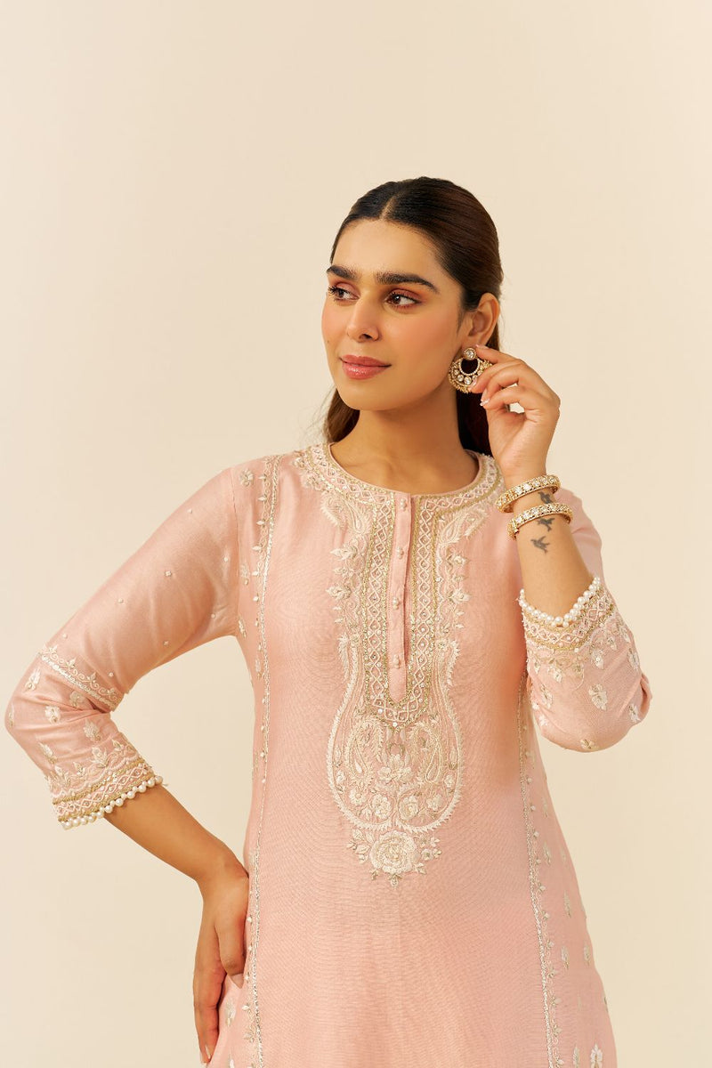Zahra - Short Kurta With Dhoti-Off Rose silk by SHEETAL BATRA in pink color for women in Singapore