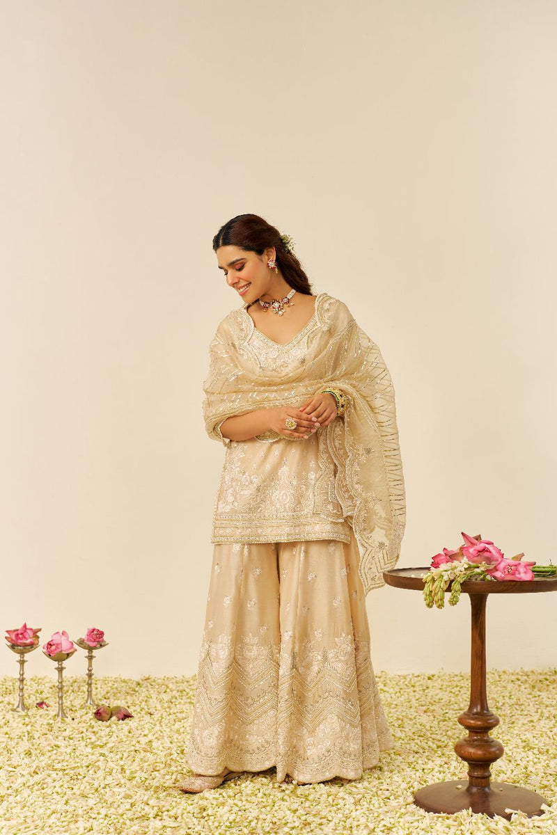 Sameeha - Short Kurta With Sharara And Dupatta-Beige silk by SHEETAL BATRA in beige color for women in Singapore