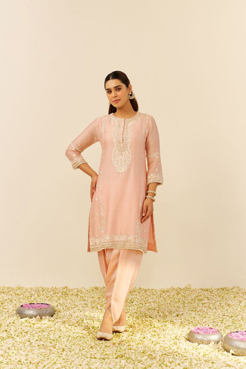 Zahra - Short Kurta With Dhoti-Off Rose silk by SHEETAL BATRA in pink color for women in Singapore
