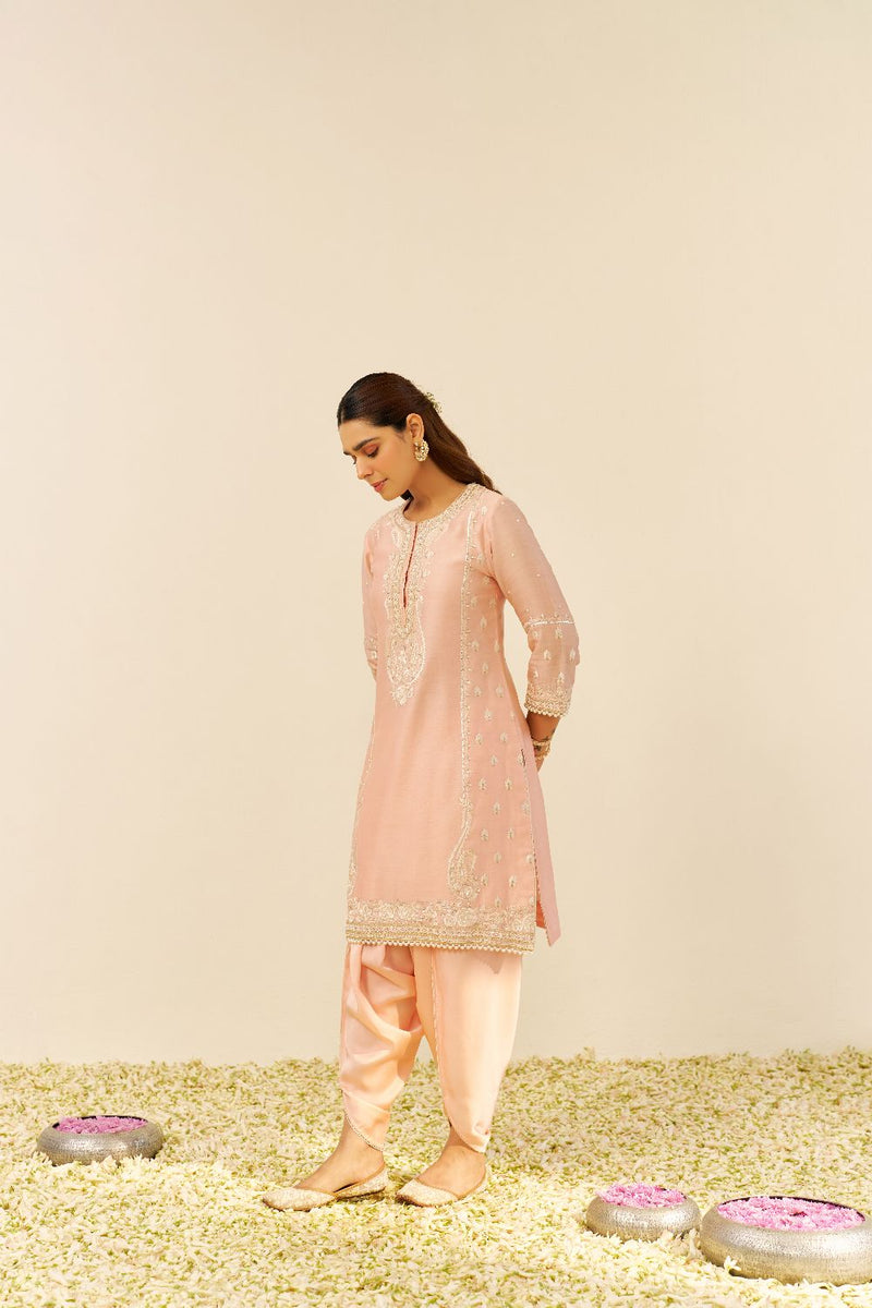 Zahra - Short Kurta With Dhoti-Off Rose silk by SHEETAL BATRA in pink color for women in Singapore