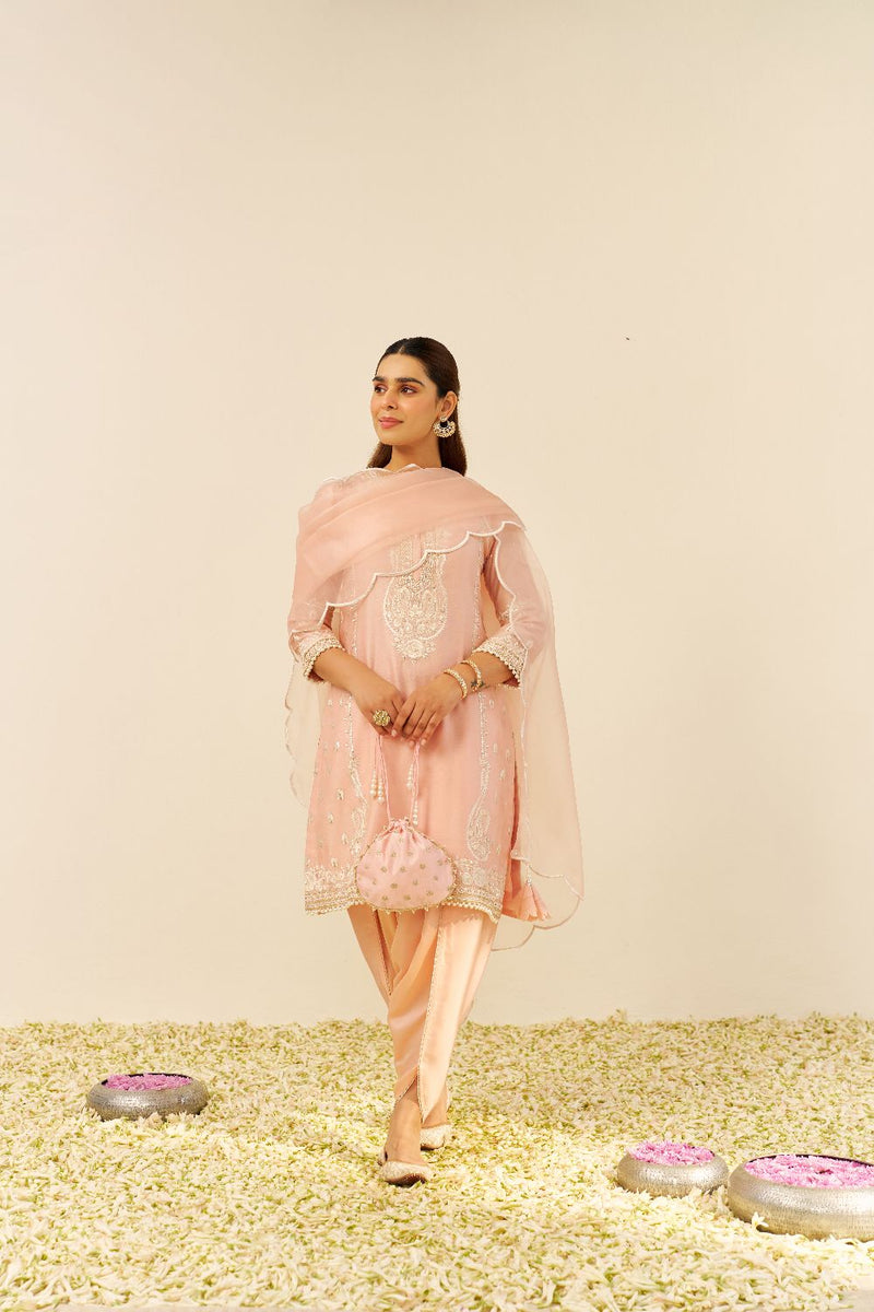 Zahra - Short Kurta With Dhoti-Off Rose silk by SHEETAL BATRA in pink color for women in Singapore