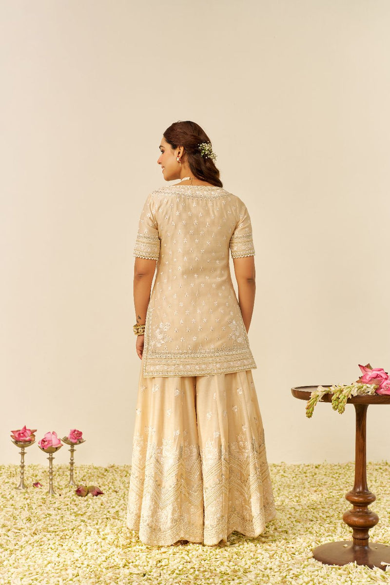 Sameeha - Short Kurta With Sharara And Dupatta-Beige silk by SHEETAL BATRA in beige color for women in Singapore