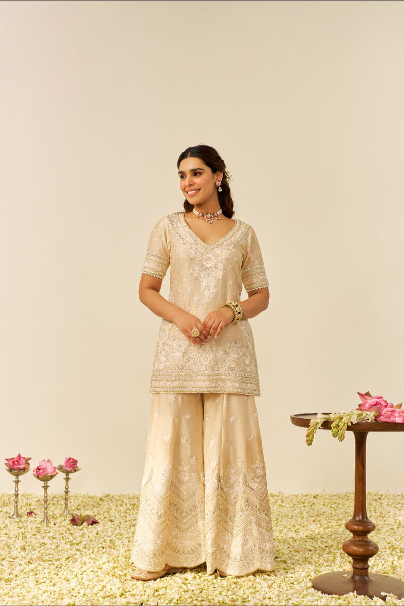 Sameeha - Short Kurta With Sharara And Dupatta-Beige silk by SHEETAL BATRA in beige color for women in Singapore