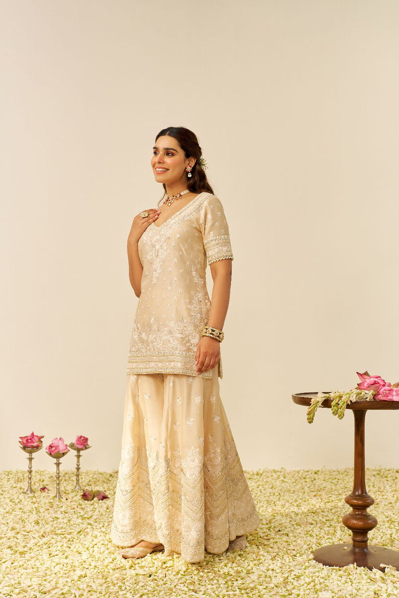 Sameeha - Short Kurta With Sharara And Dupatta-Beige silk by SHEETAL BATRA in beige color for women in Singapore