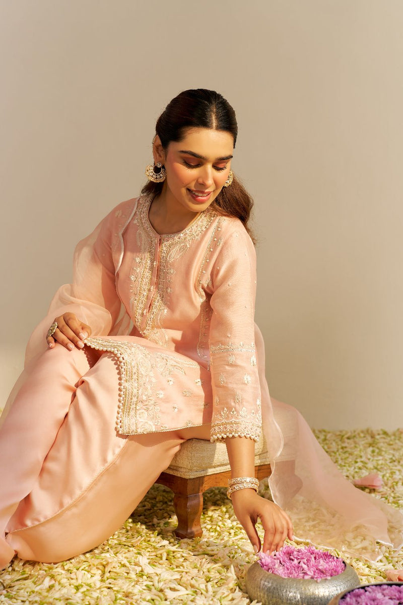 Zahra - Short Kurta With Dhoti-Off Rose silk by SHEETAL BATRA in pink color for women in Singapore
