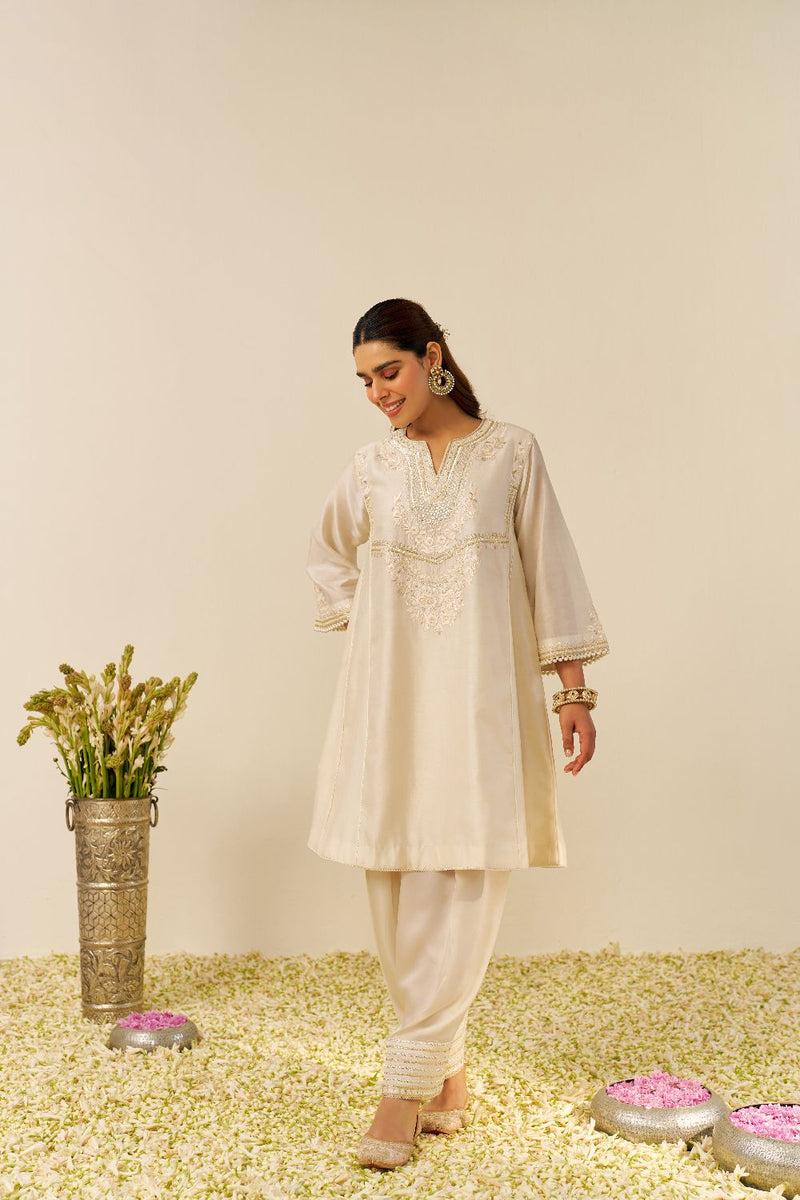 Aiza - Short Chauga With Salwar-Daisy Ivory silk by SHEETAL BATRA in ivory color for women in Singapore